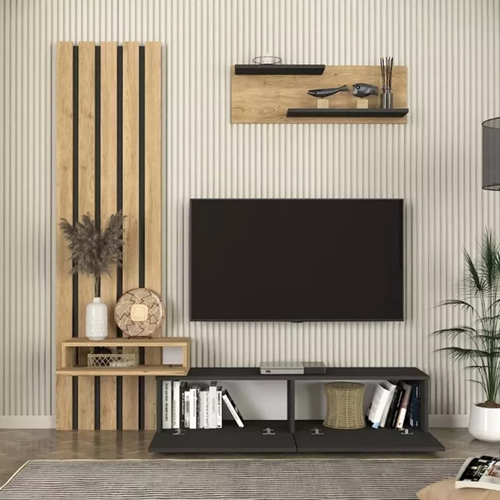 Σύνθεση τηλεόρασης Rosaline Megapap χρώμα ανθρακί - sepet oak 183x31,3x196,9εκ.