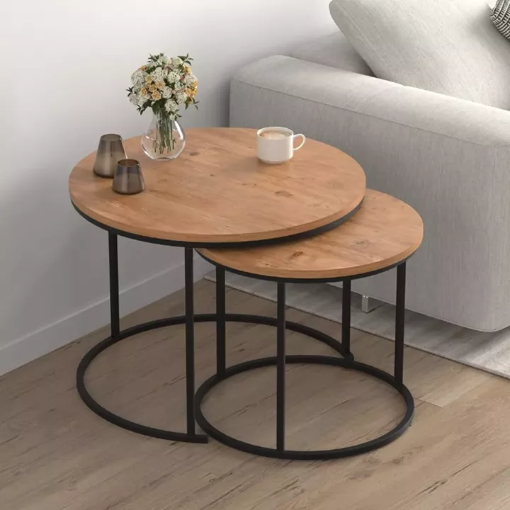 Τραπεζάκι σαλονιού σετ 2 τμχ Hilal Megapap χρώμα pine oak Ø66x49,5εκ.