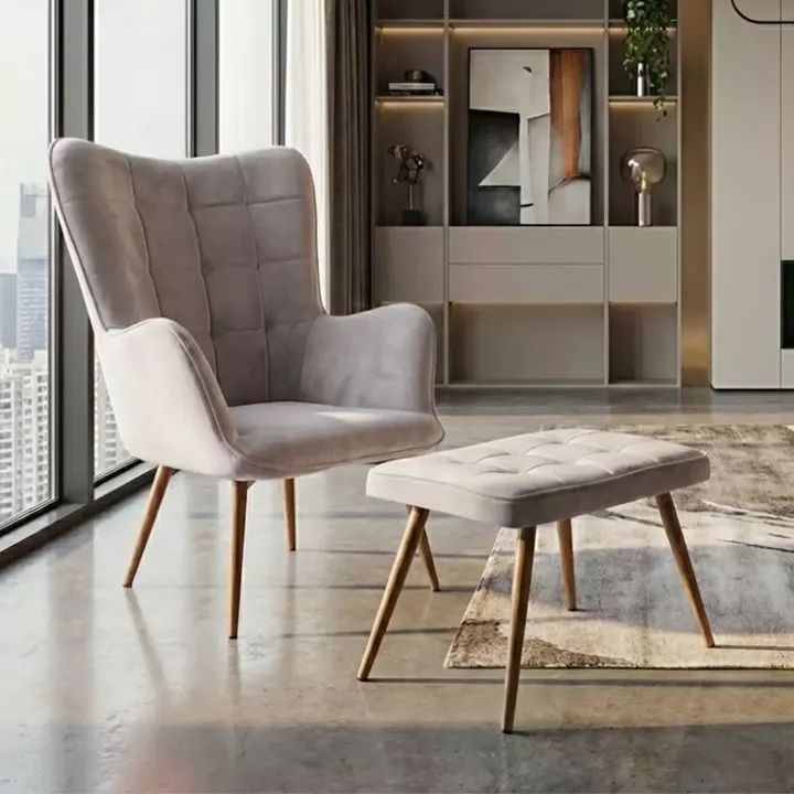 Πολυθρόνα - Μπερζέρα με υποπόδιο Lily Megapap μπεζ βελούδο - μεταλλικό πόδι χρώμα φυσικό 70x62x98εκ.