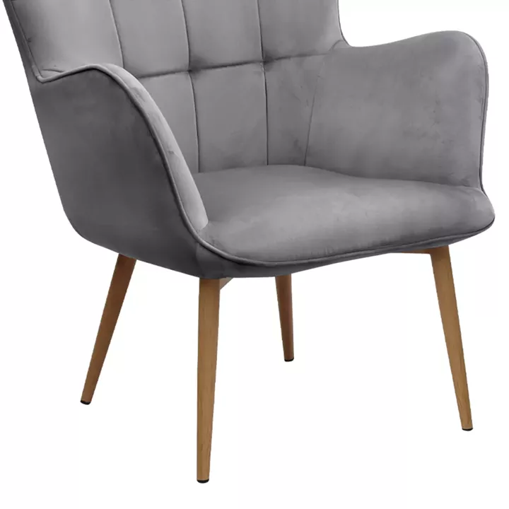 Πολυθρόνα - Μπερζέρα με υποπόδιο Lily Megapap γκρι βελούδο - μεταλλικό πόδι χρώμα φυσικό 70x62x98εκ.