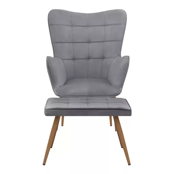 Πολυθρόνα - Μπερζέρα με υποπόδιο Lily Megapap γκρι βελούδο - μεταλλικό πόδι χρώμα φυσικό 70x62x98εκ.