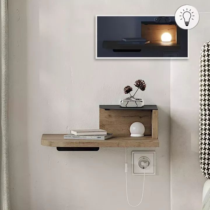 Κομοδίνο επιτοίχιο Luno Megapap με LED χρώμα sepet oak 40x30x16,2εκ.