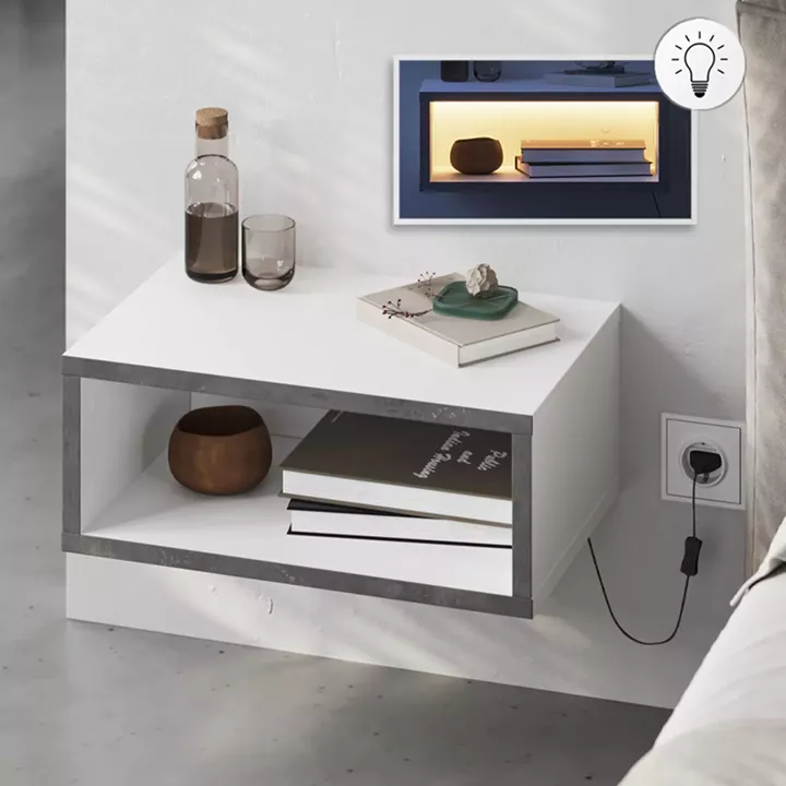 Κομοδίνο επιτοίχιο Brik Megapap με LED χρώμα λευκό - γκρι ρετρό 45x30x18εκ.