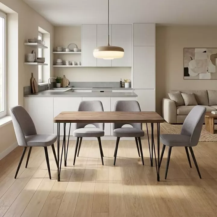 Σετ τραπεζαρία 5τμχ Roger - Christy Megapap Mdf - ύφασμα χρώμα ακακίας - ανοιχτό μπεζ 120x70x75εκ.