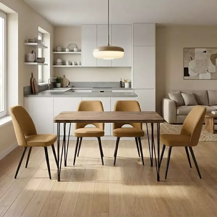 Σετ τραπεζαρία 5τμχ Roger - Christy Megapap Mdf - ύφασμα χρώμα ακακίας - μουσταρδί 120x70x75εκ.