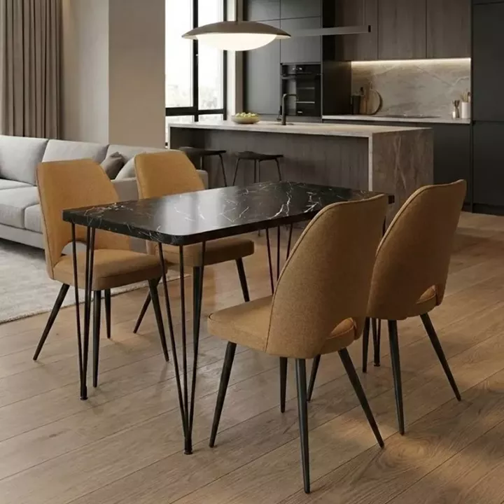 Σετ τραπεζαρία 5τμχ Roger - Christy Megapap Mdf - ύφασμα χρώμα μαύρο εφέ μαρμάρου - μουσταρδί 120x70x75εκ.