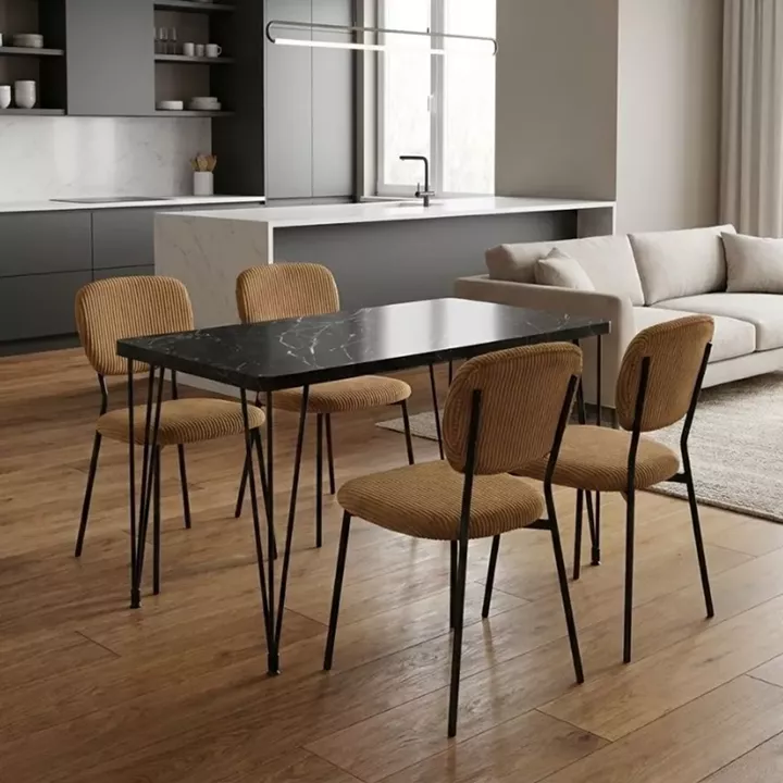 Σετ τραπεζαρία 5τμχ Roger - Kevin Megapap Mdf - ύφασμα χρώμα μαύρο εφέ μαρμάρου - μουσταρδί 120x70x75εκ.