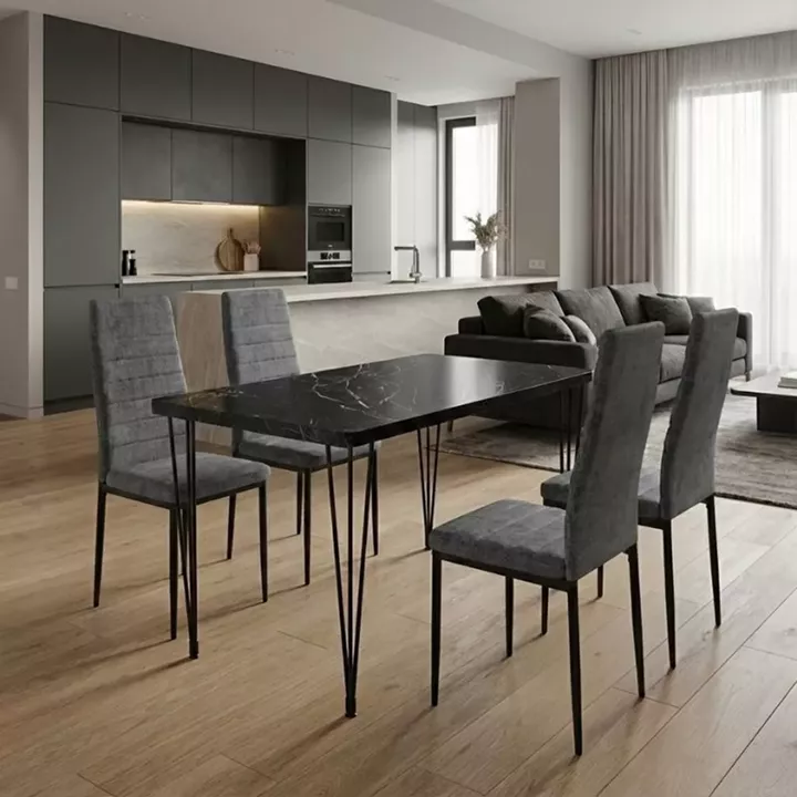 Σετ τραπεζαρία 5τμχ Roger - Rosa Megapap Mdf - ύφασμα χρώμα μαύρο εφέ μαρμάρου - γκρι 120x70x75εκ.