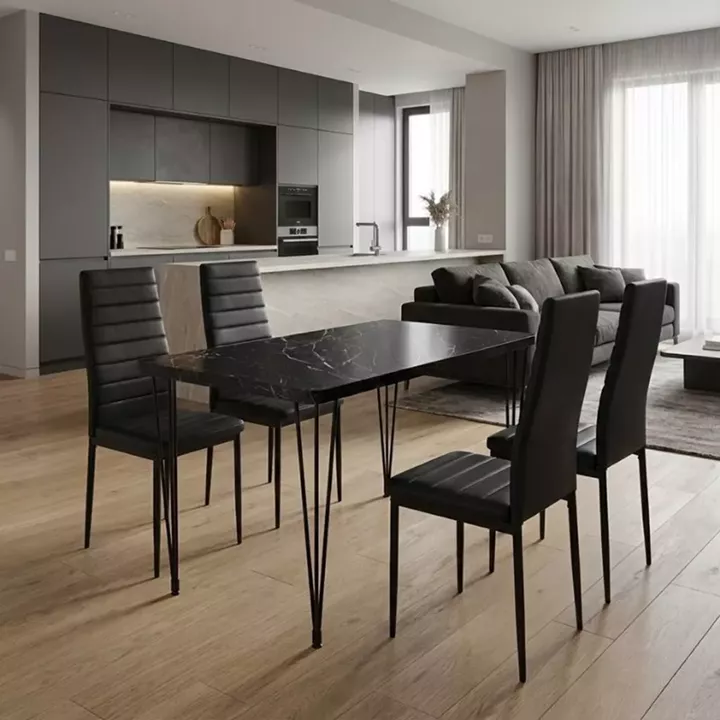 Σετ τραπεζαρία 5τμχ Roger - Rosa Megapap Mdf - PU χρώμα μαύρο εφέ μαρμάρου - μαύρο 120x70x75εκ.