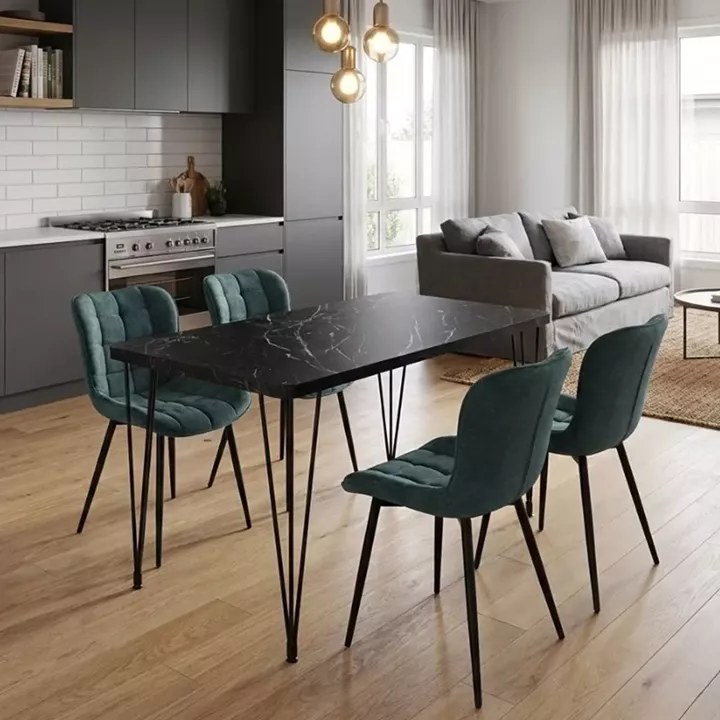 Σετ τραπεζαρία 5τμχ Roger - Chiara Megapap Mdf - ύφασμα χρώμα μαύρο εφέ μαρμάρου - πράσινο 120x70x75εκ.