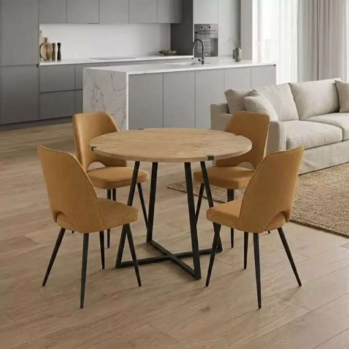 Σετ τραπεζαρία 5τμχ Rubes - Christy Megapap χρώμα φυσικό οξιάς - μουσταρδί Ø100x78εκ.