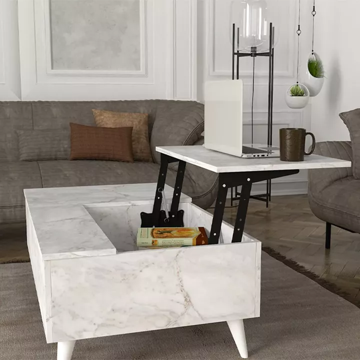 Τραπεζάκι σαλονιού Roy Megapap με σερβιτόρο χρώμα λευκό εφέ μαρμάρου 121x69x40εκ.