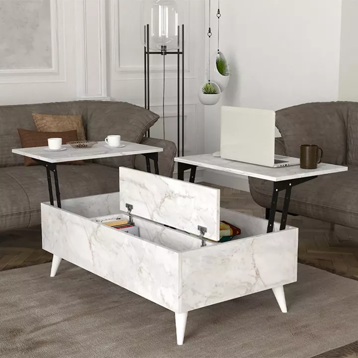 Τραπεζάκι σαλονιού Roy Megapap με σερβιτόρο χρώμα λευκό εφέ μαρμάρου 121x69x40εκ.