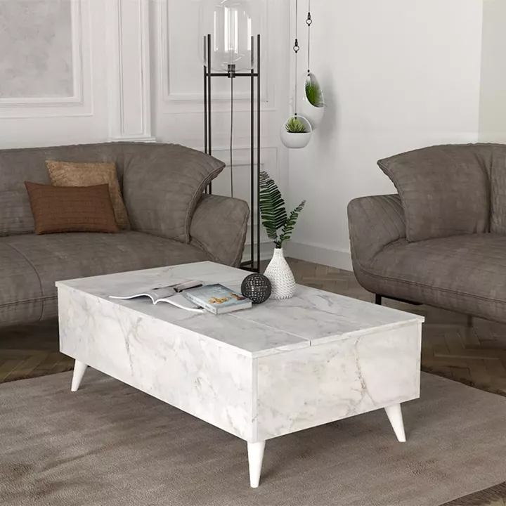 Τραπεζάκι σαλονιού Roy Megapap με σερβιτόρο χρώμα λευκό εφέ μαρμάρου 121x69x40εκ.