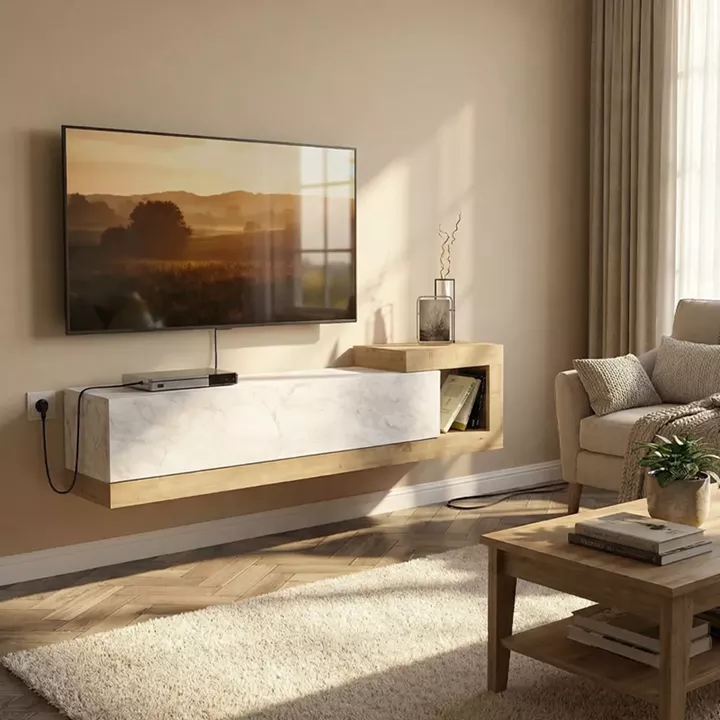 Έπιπλο τηλεόρασης επιτοίχιο Volare Megapap χρώμα λευκό εφέ μαρμάρου - sapphire oak 150x29,6x38,6εκ.