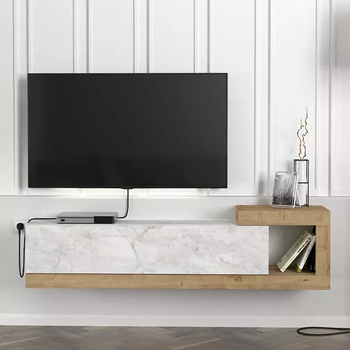 Έπιπλο τηλεόρασης επιτοίχιο Volare Megapap χρώμα λευκό εφέ μαρμάρου - sapphire oak 150x29,6x38,6εκ.