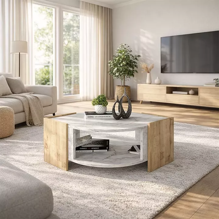 Τραπεζάκι σαλονιού Marbel Megapap χρώμα sapphire oak - λευκό εφέ μαρμάρου 75x75x40εκ.