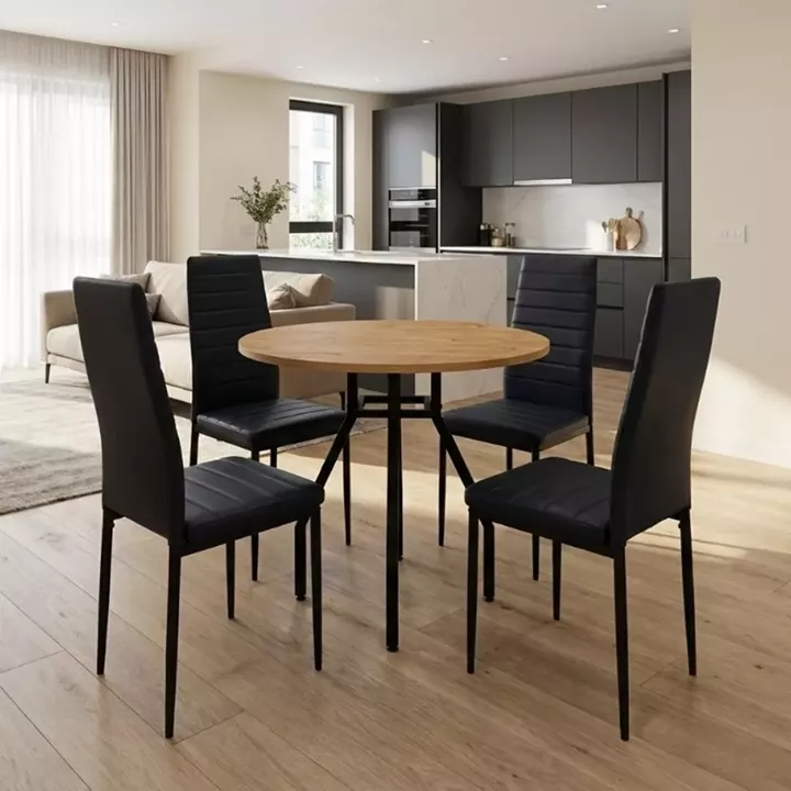 Σετ τραπεζαρία 5τμχ Roma - Rosa Megapap χρώμα pine oak - μαύρο Ø80x75εκ.