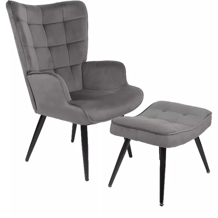 Πολυθρόνα Μπερζέρα Με Υποπόδιο ArteLibre LENNOX Γκρι Βελούδο/Ξύλο 96x68x73cm