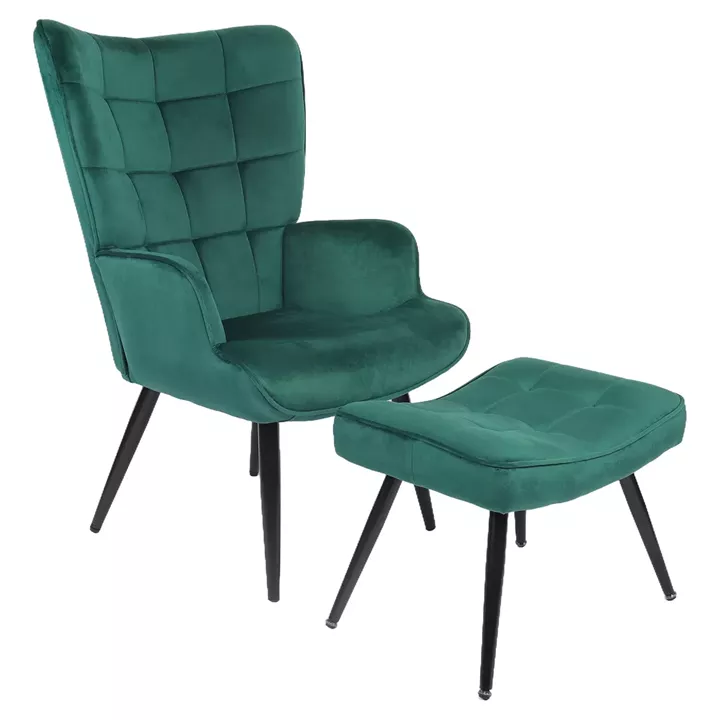 Πολυθρόνα Μπερζέρα Με Υποπόδιο ArteLibre LENNOX Πράσινο Βελούδο/Ξύλο 96x68x73cm