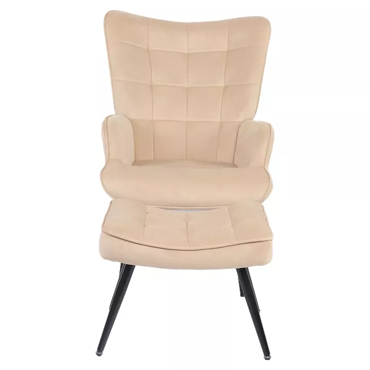 Πολυθρόνα Μπερζέρα Με Υποπόδιο ArteLibre LENNOX Μπεζ Βελούδο/Ξύλο 96x68x73cm