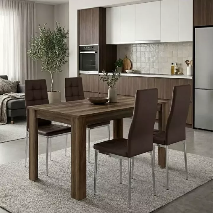 Σετ τραπεζαρία 5τμχ Darlen - Rosa Megapap χρώμα καρυδί - καφέ/χρωμίου πόδι 125x72x74εκ.