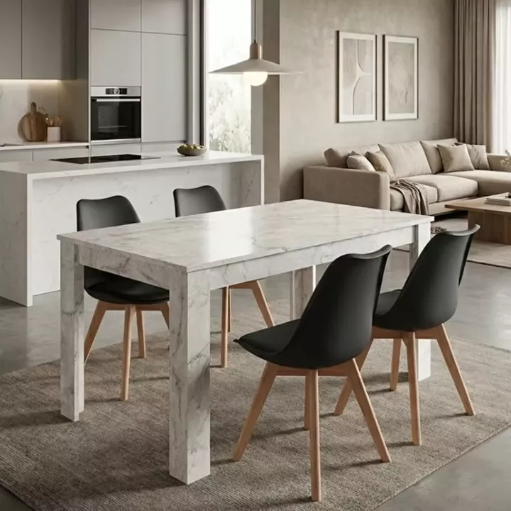 Σετ τραπεζαρία 5τμχ Darlen - Viva Megapap χρώμα λευκό εφέ μαρμάρου - μαύρο/φυσικό πόδι 125x72x74εκ.