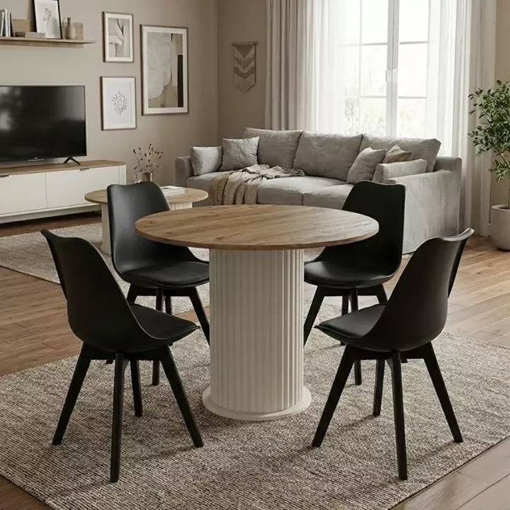 Σετ τραπεζαρία 5τμχ Bohema - Viva Megapap χρώμα ivory/sepet oak - μαύρο Ø90x77,7εκ.