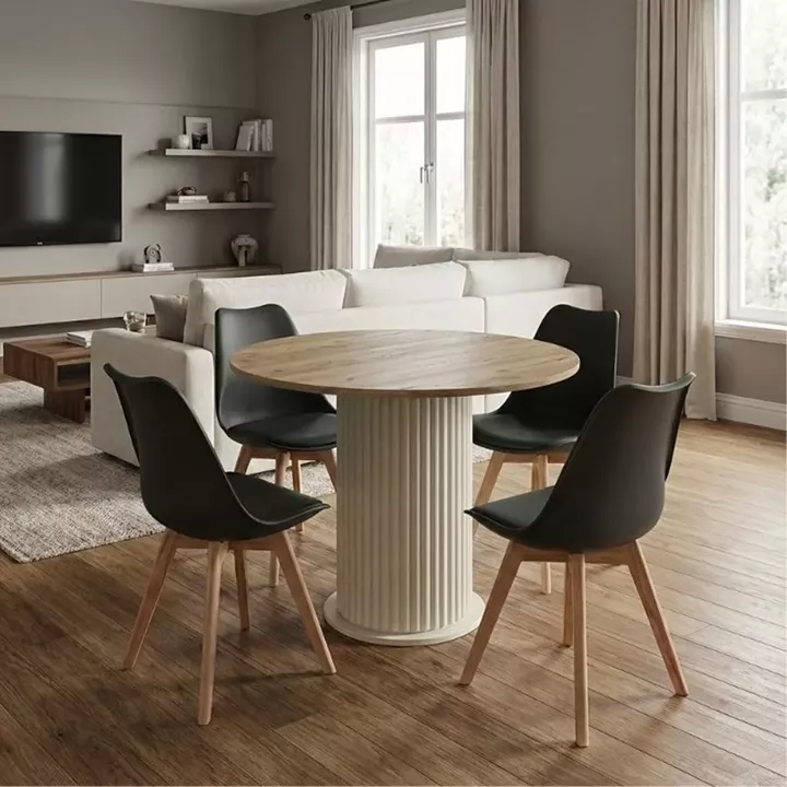 Σετ τραπεζαρία 5τμχ Bohema - Viva Megapap χρώμα ivory/sepet oak - μαύρο/φυσικό πόδι Ø90x77,7εκ.