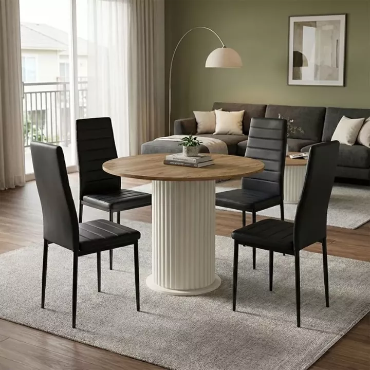 Σετ τραπεζαρία 5τμχ Bohema - Rosa Megapap χρώμα ivory/sepet oak - μαύρο Ø90x77,7εκ.