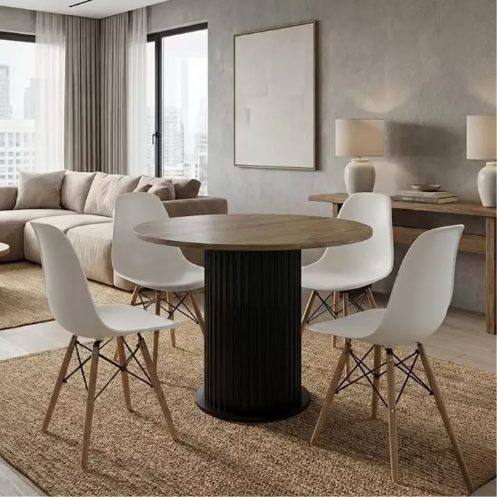 Σετ τραπεζαρία 5τμχ Bohema - Nova Megapap χρώμα μαύρο/sepet oak - λευκό Ø90x77,7εκ.