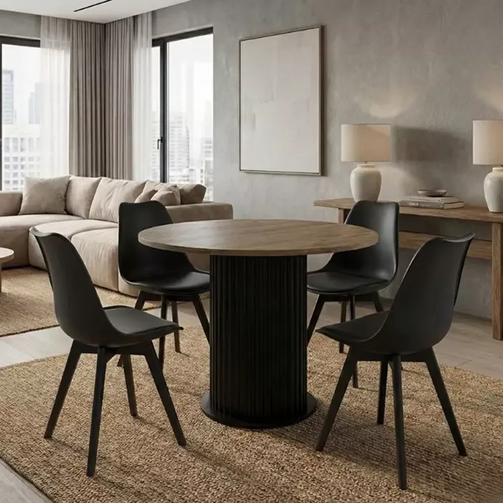 Σετ τραπεζαρία 5τμχ Bohema - Viva Megapap χρώμα μαύρο/sepet oak - μαύρο Ø90x77,7εκ.