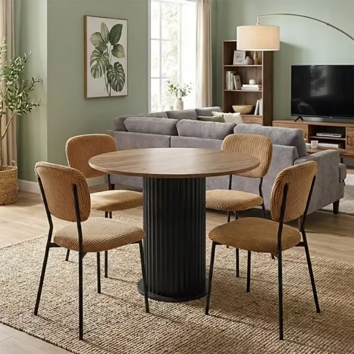 Σετ τραπεζαρία 5τμχ Bohema - Kevin Megapap χρώμα μαύρο/sepet oak - μουσταρδί Ø90x77,7εκ.