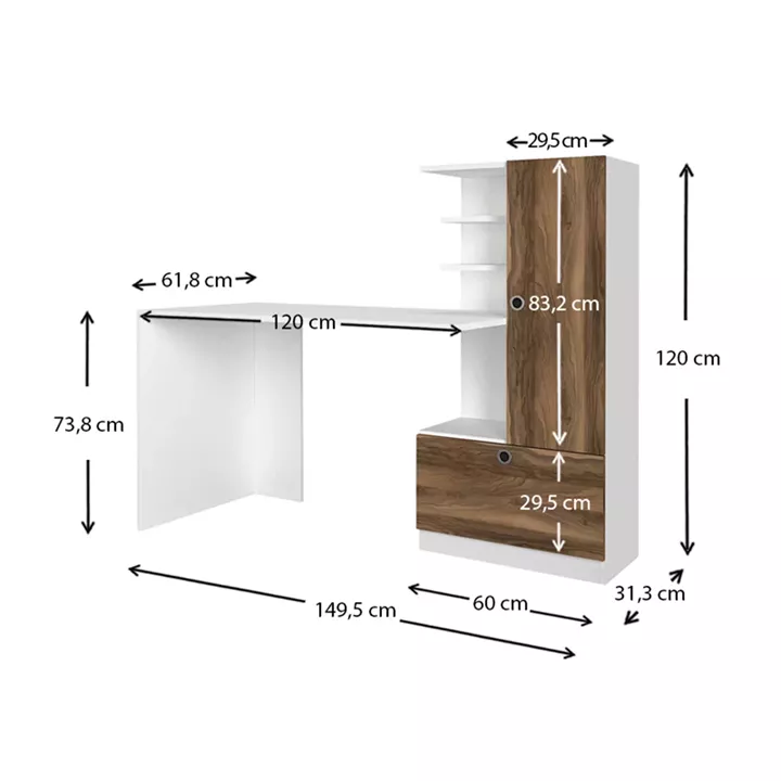Γραφείο εργασίας Merino Megapap από μελαμίνη χρώμα λευκό - καρυδί 149,5x61,8x120εκ.
