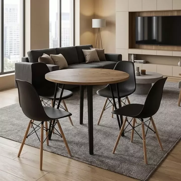 Σετ τραπεζαρία 5τμχ Xana - Nova Megapap χρώμα sepet oak - μαύρο Ø90x77,7εκ.