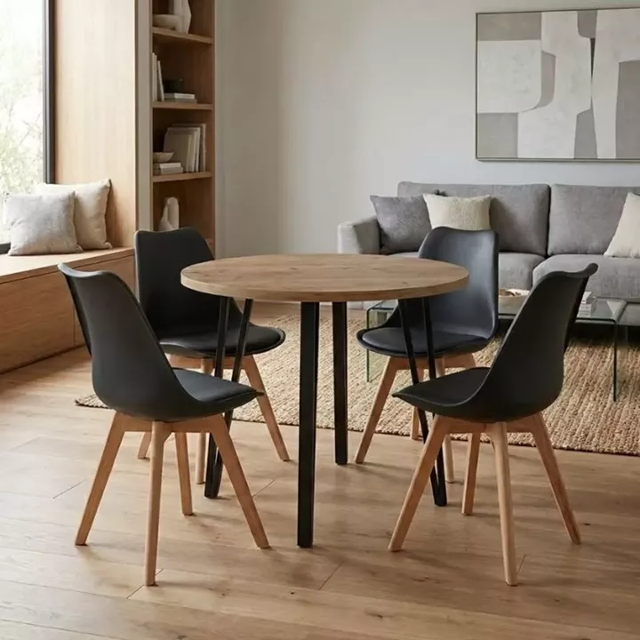 Σετ τραπεζαρία 5τμχ Xana - Viva Megapap χρώμα sepet oak - μαύρο Ø90x77,7εκ.