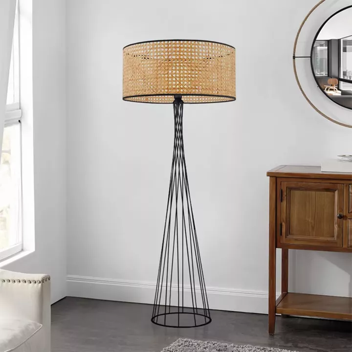 Φωτιστικό δαπέδου Solin Megapap E27 μεταλλικό - ρατάν χρώμα μαύρο - φυσικό Ø38x140εκ.