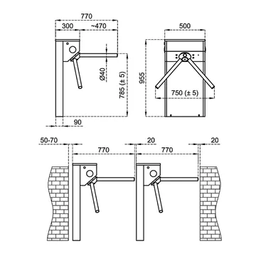 Διαστάσεις, Τουρνικέ 500E access control με LED ένδειξη διέλευσης, dry contacts για RFID, VBstore