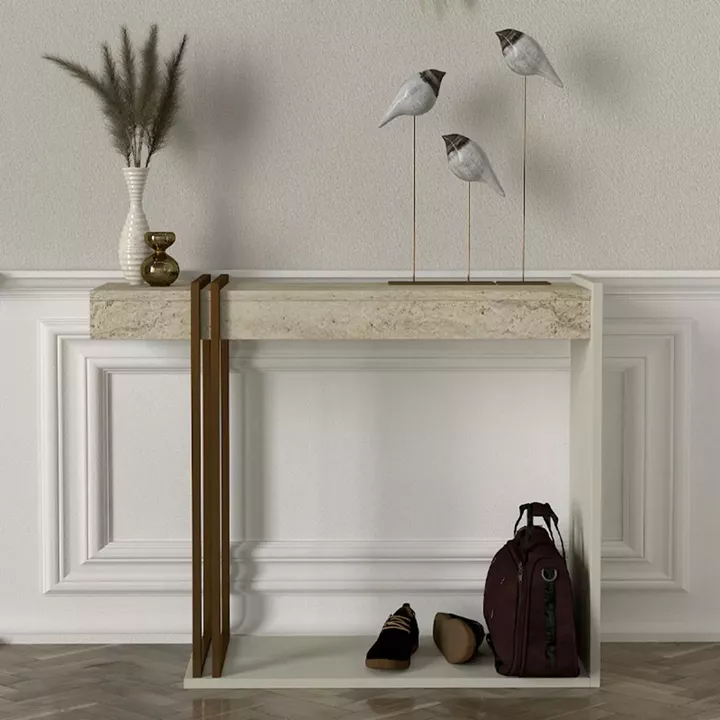 Κονσόλα Desca Megapap χρώμα travertine - sandstone - χρυσό 91,8x29,6x74,2εκ.