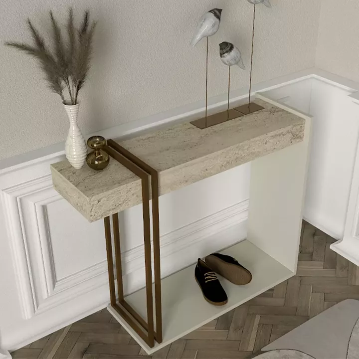 Κονσόλα Desca Megapap χρώμα travertine - sandstone - χρυσό 91,8x29,6x74,2εκ.