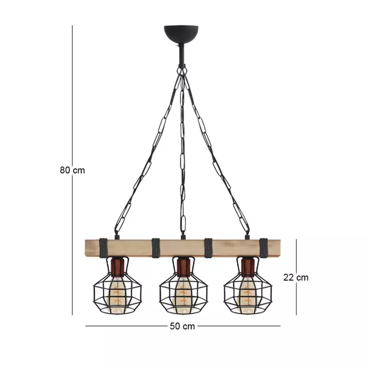 Φωτιστικό οροφής Lumenia Megapap E27 ξύλινο - μεταλλικό τρίφωτο χρώμα φυσικό - μαύρο 50x14x80εκ.