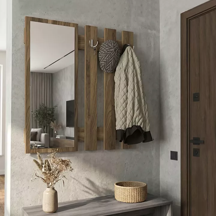 Κρεμάστρα τοίχου με καθρέπτη Folin Megapap χρώμα καρυδί 90x4x90εκ.