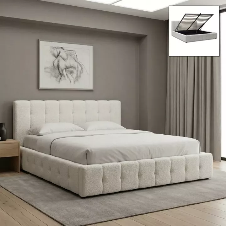 Κρεβάτι Norah Megapap μπουκλέ ύφασμα με αποθηκευτικό χώρο χρώμα ivory 160x200εκ.