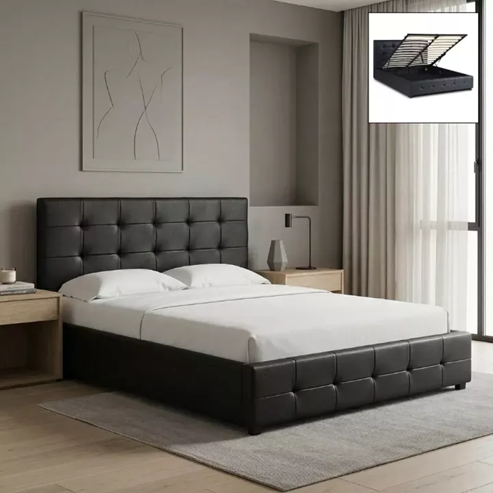 Κρεβάτι Iro Megapap από τεχνόδερμα με αποθηκευτικό χώρο χρώμα μαύρο 150x200εκ.