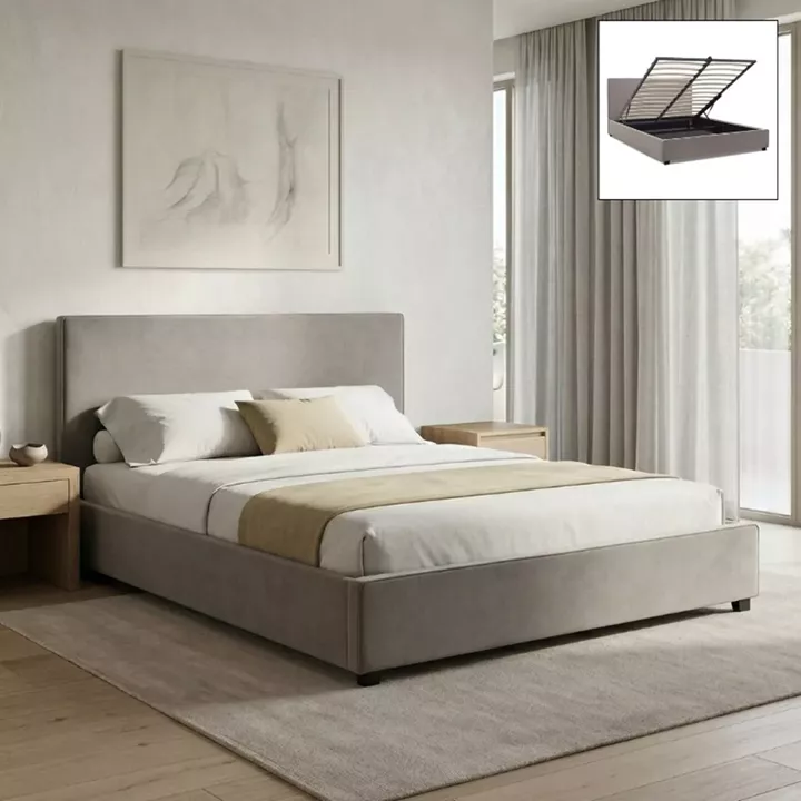 Κρεβάτι Verona Megapap υφασμάτινο με αποθηκευτικό χώρο χρώμα γκρι - μπεζ 160x200εκ.