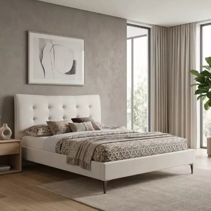 Κρεβάτι Mirel Megapap υφασμάτινο χρώμα ανοιχτό μπεζ 160x200εκ.