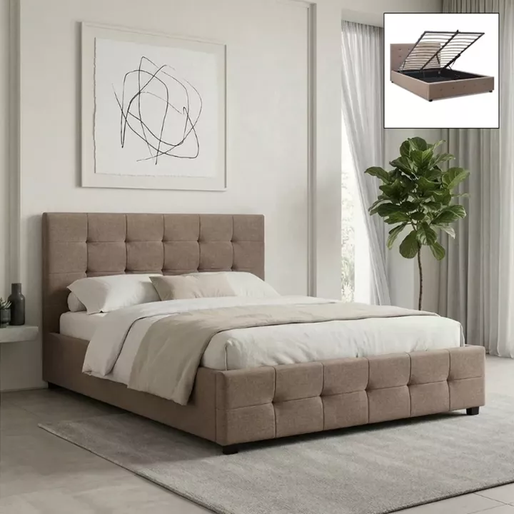 Κρεβάτι Iro Megapap υφασμάτινο με αποθηκευτικό χώρο χρώμα μπεζ - καφέ 150x200εκ.