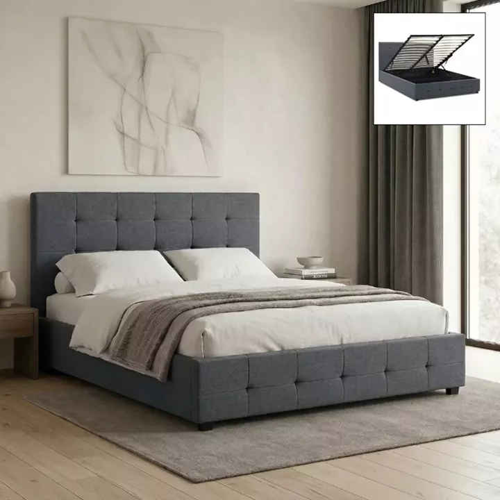 Κρεβάτι Iro Megapap υφασμάτινο με αποθηκευτικό χώρο χρώμα ανθρακί 150x200εκ.