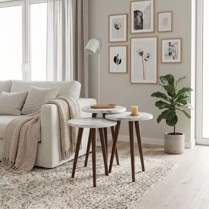 Τραπεζάκι βοηθητικό σετ 3 τμχ Cruz Megapap χρώμα λευκό εφέ μαρμάρου Ø33x46εκ.