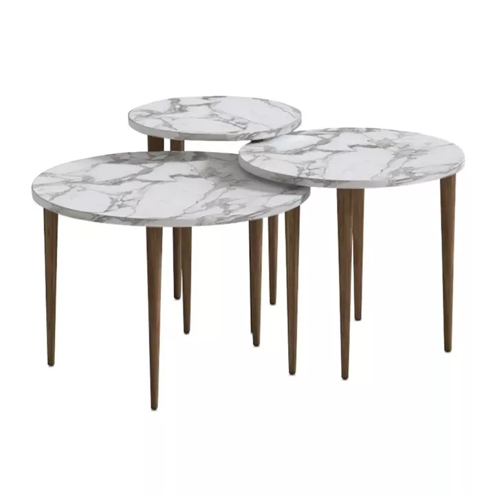 Τραπεζάκι σαλονιού σετ 3 τμχ Nola Megapap χρώμα λευκό εφέ μαρμάρου Ø60x46εκ.